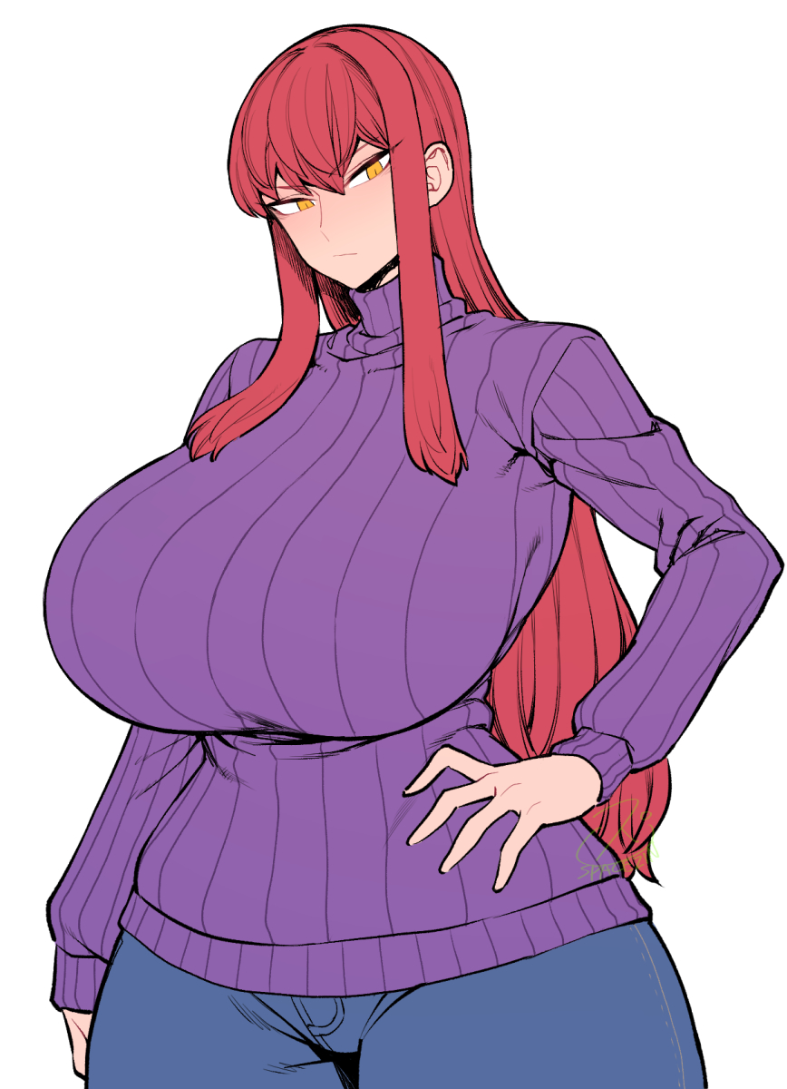1girl, artist_name, biriri_(spacezin), breasts, commentary, denim, english_commentary, eyebrows