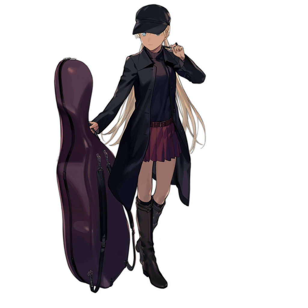 1girl, blonde_hair, blue_eyes, boots, cello_case, dark-skinned_female, dark_skin, duoyuanjun, girls_frontline, gunslinger_girl, jacket, kilt, microphone, solo, transparent_background, triela