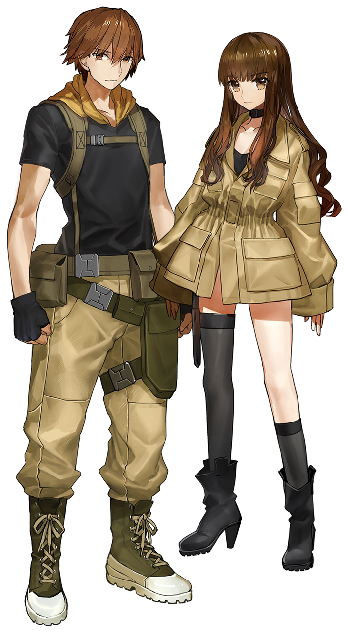 1boy, 1girl, asymmetrical_legwear, bangs, belt, black_skirt, boots, brown_eyes