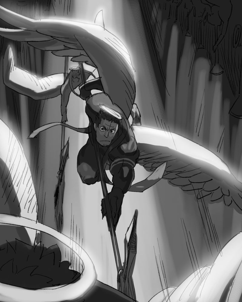 :/, angel, angel_wings, angry, black_background, black_bodysuit, black_hair, bodysuit