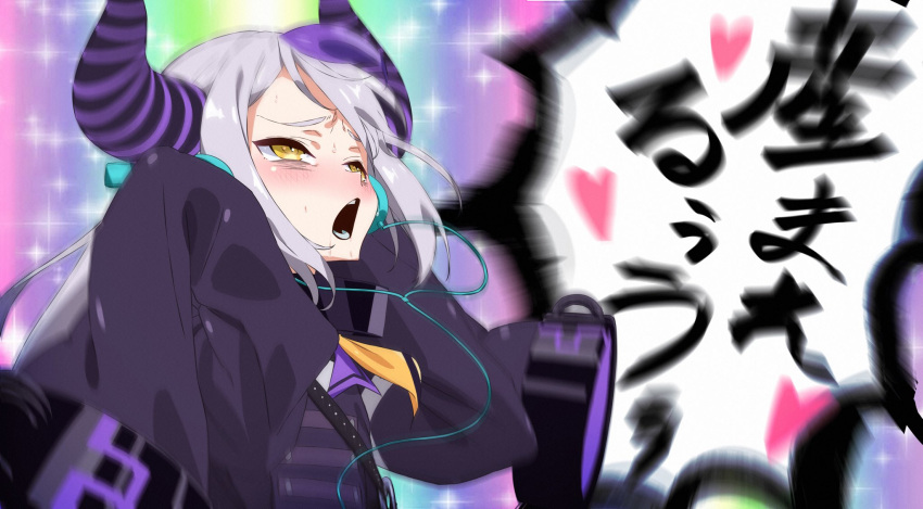 1girl, blush, demon_horns, grey_hair, headphones, heart, highres, hololive