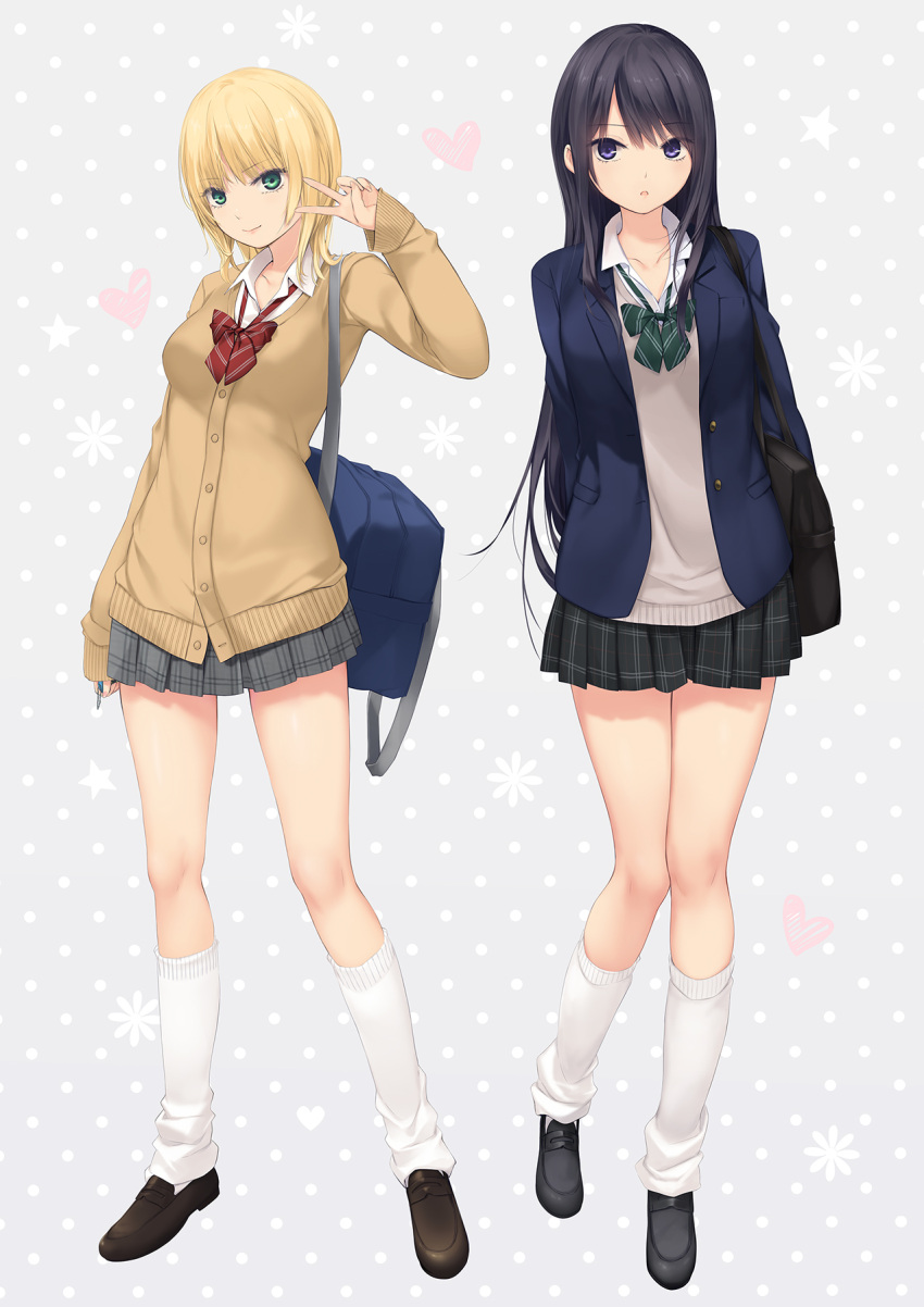 2girls, bag, black_hair, blazer, blonde_hair, bow, bowtie, breasts