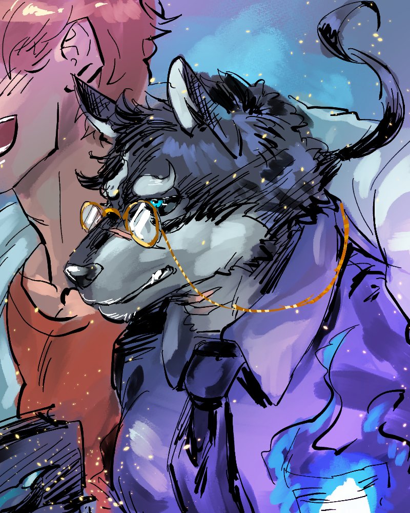 2boys, bangs, black_fur, black_sclera, blue_eyes, blue_fire, book, closed_mouth