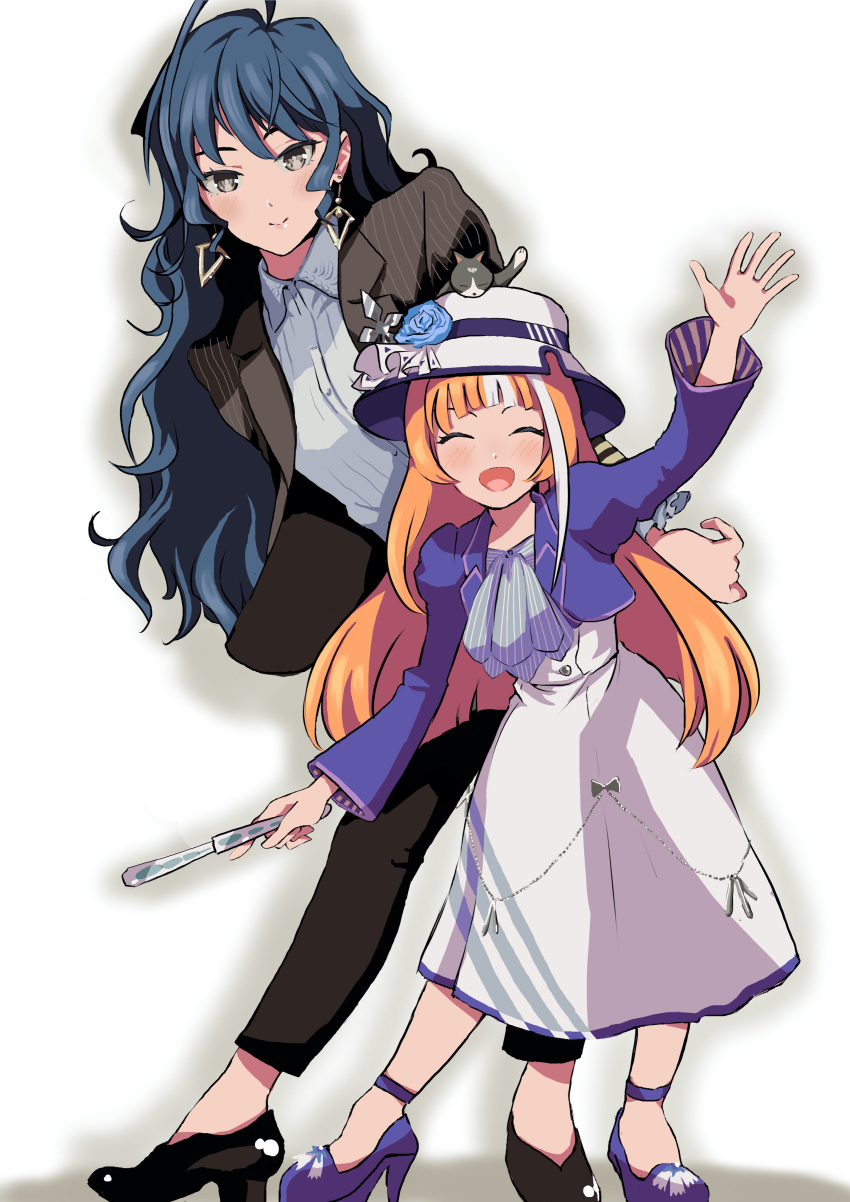 2girls, absurdres, akikawa_yayoi_(umamusume), bangs, black_hair, blunt_bangs, brown_eyes, closed_eyes