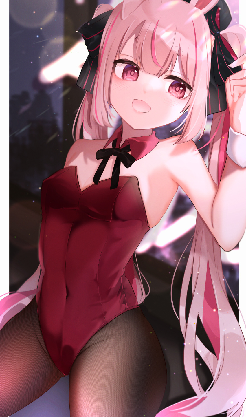 1girl, absurdres, anfuji_uiro, animal_ears, arm_up, bare_shoulders, black_legwear, breasts