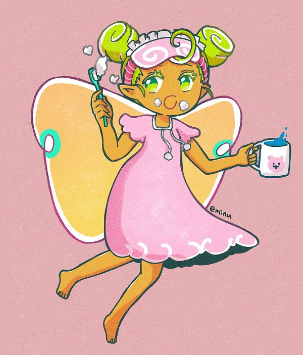 1girl, alternate_costume, cookie_run, eminu, fairy_cookie, green_eyes, humanization, pajamas