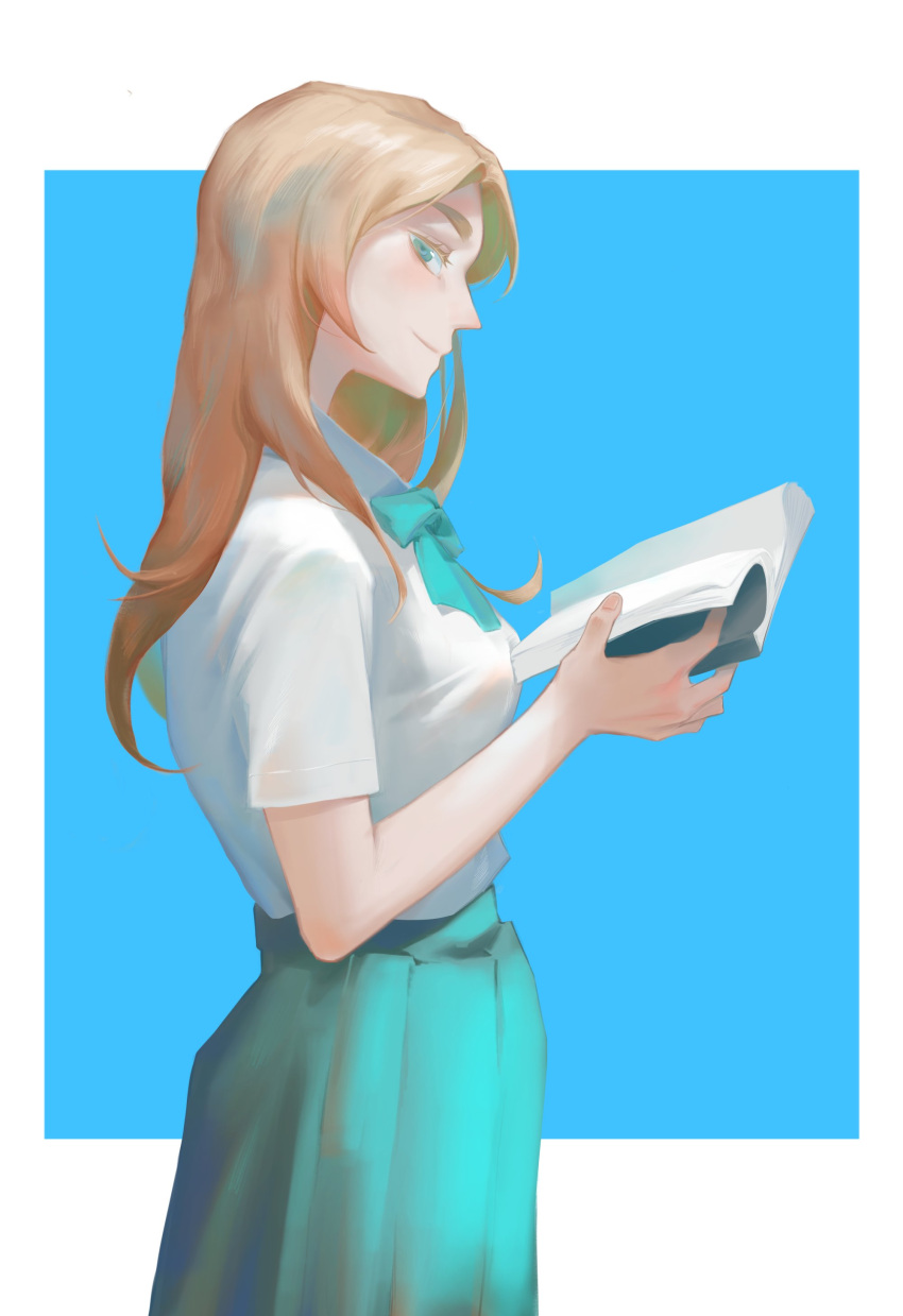 1girl, absurdres, aqua_bow, aqua_bowtie, aqua_skirt, blonde_hair, bn3ppo, book