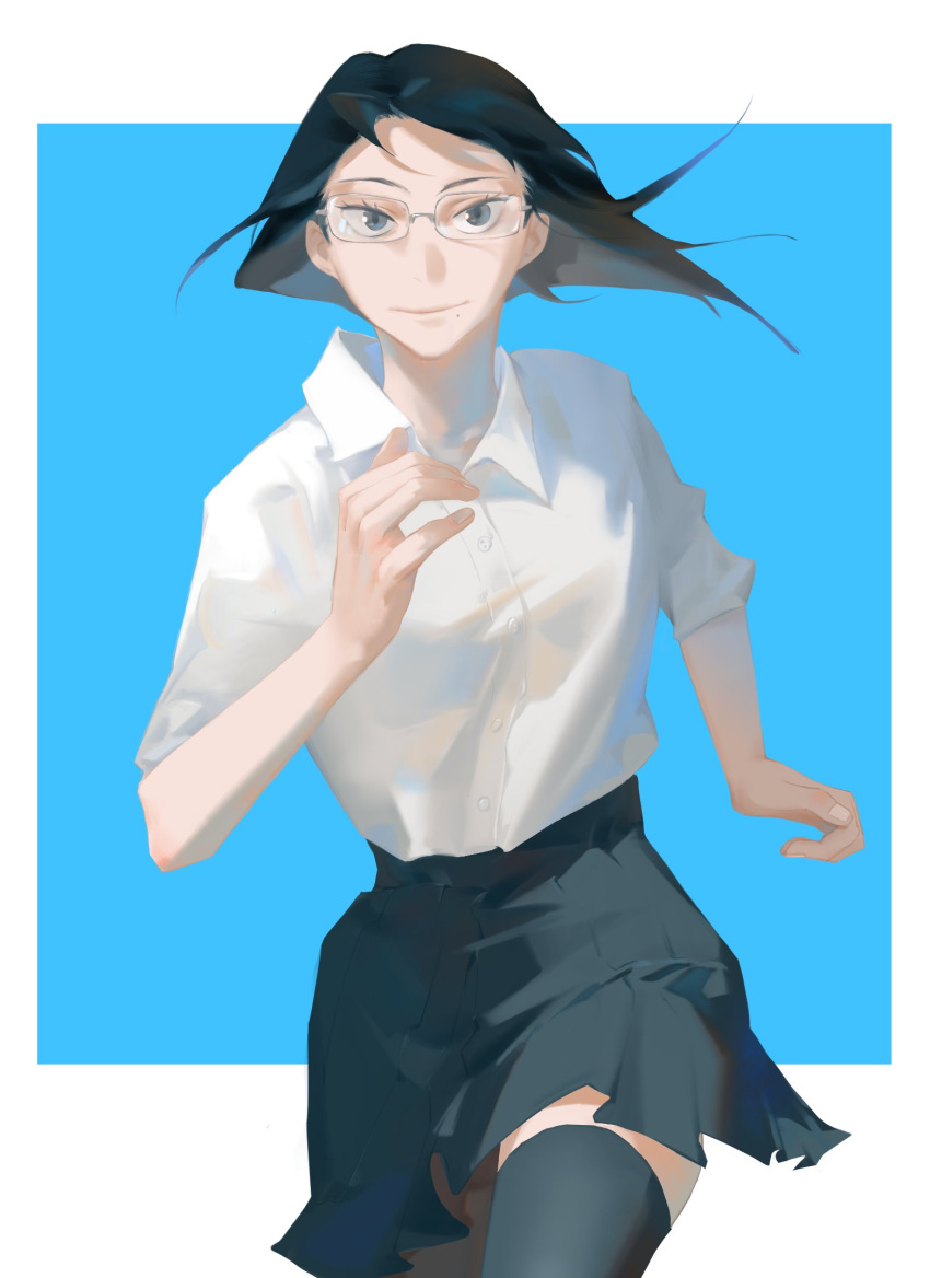 1girl, black_hair, black_legwear, black_skirt, blue_eyes, bn3ppo, buttons, closed_mouth, collared_shirt, commentary, glasses, haikyuu!!, highres, looking_at_viewer, mole, mole_under_mouth, running, school_uniform, shimizu_kiyoko, shirt, skirt, sleeves_rolled_up, smile, solo, thigh-highs, white_shirt