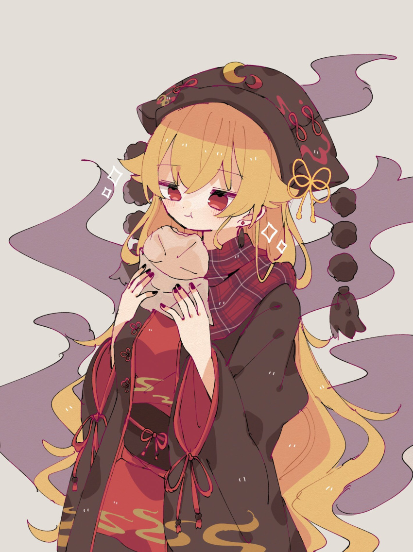 1girl, adapted_costume, bangs, belt, black_nails, blonde_hair, blush, bow