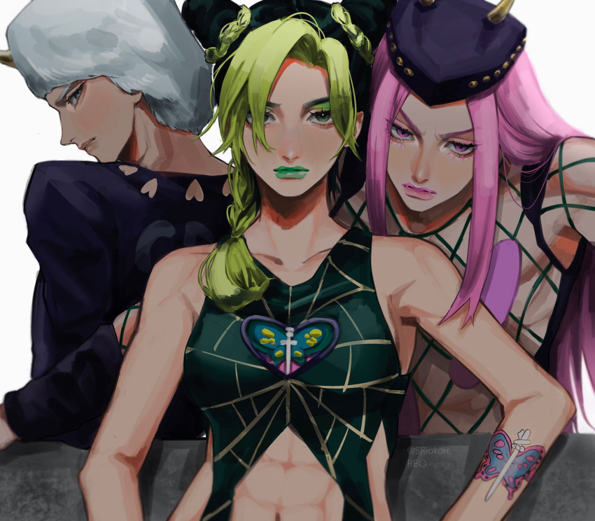 1girl, 2boys, abs, green_lips, highres, jojo_no_kimyou_na_bouken, kujo_jolyne, long_hair