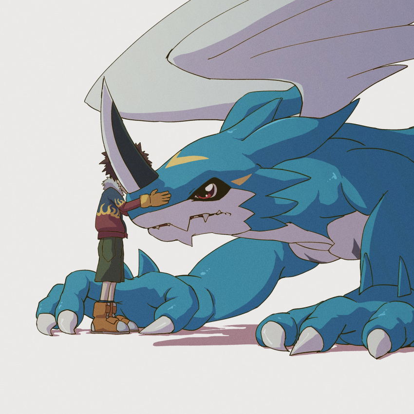 blue_jacket, blue_skin, brown_footwear, brown_hair, brown_shorts, claws, colored_skin, digimon
