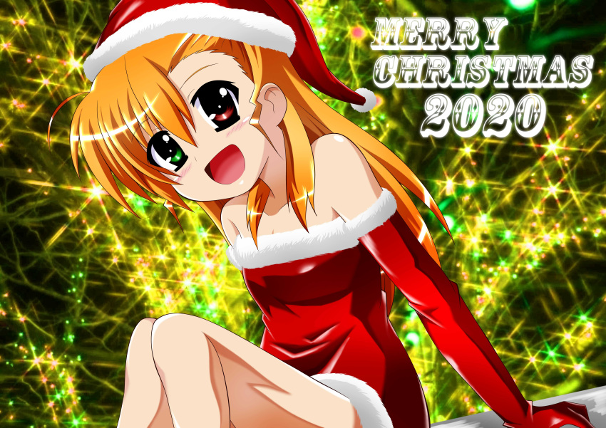 1girl, 2020, :d, absurdres, asymmetrical_bangs, bangs, bare_shoulders, christmas