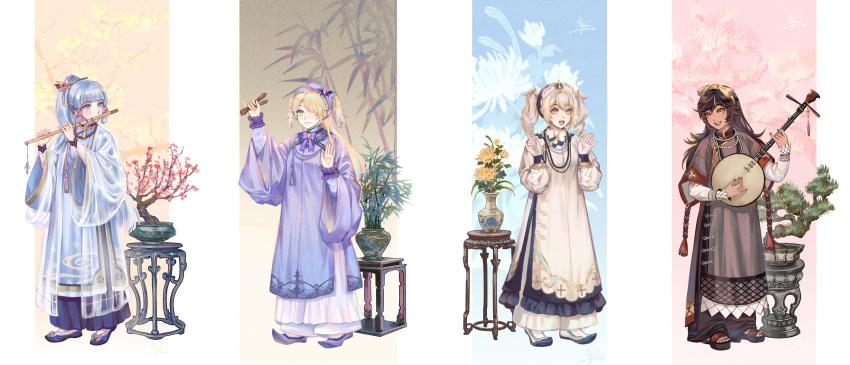 4girls, :d, absurdres, adapted_costume, bangs, barbara_(genshin_impact), bead_necklace, beads