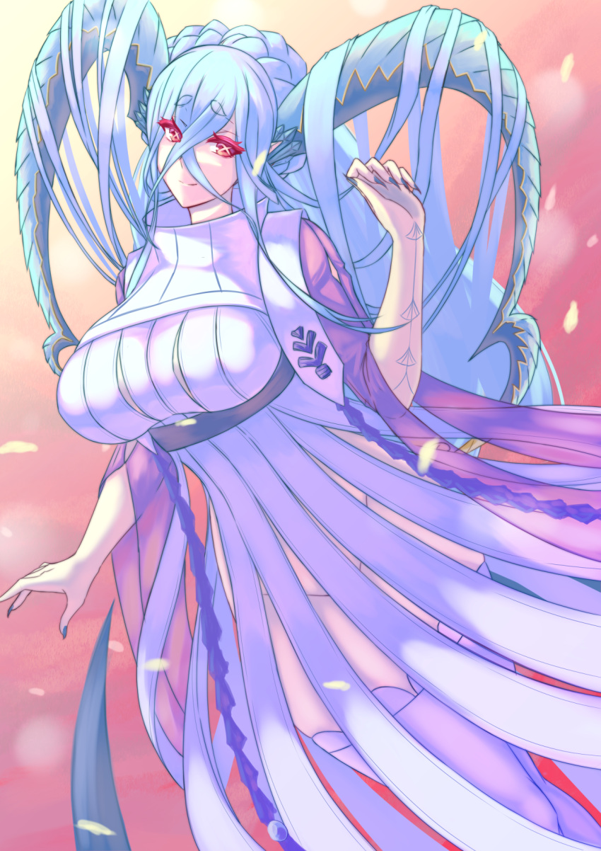 +_+, 1girl, body_markings, braid, breasts, closed_mouth, curled_horns, dress, fate/grand_order, fate/grand_order_arcade, fate_(series), flying_toaster, gradient_sky, hair_between_eyes, highres, horns, large_breasts, larva_tiamat, long_hair, long_horns, long_sleeves, looking_at_viewer, orange_sky, petals, pink_sky, pointy_ears, red_eyes, ribbed_dress, sidelocks, silver_hair, sky, smile, solo, symbol-shaped_pupils, tail, thigh-highs, thighs, tiamat_(fate), very_long_hair, white_dress, white_legwear