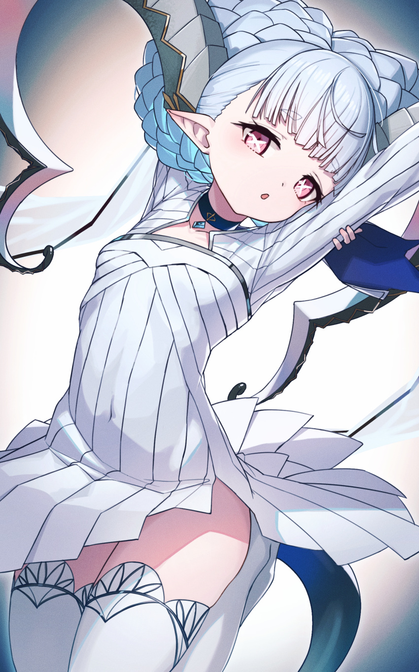 +_+, 1girl, absurdres, arm_behind_head, arms_up, bangs, braid, breasts, choker, collarbone, crown_braid, curled_horns, dress, fate/grand_order, fate/grand_order_arcade, fate_(series), highres, horns, jewelry, larva_tiamat, long_hair, long_horns, long_sleeves, looking_at_viewer, mosoukeito, open_mouth, pendant, pink_eyes, pointy_ears, ribbed_dress, silver_hair, small_breasts, solo, symbol-shaped_pupils, tail, thigh-highs, thighs, tiamat_(fate), white_dress, white_legwear
