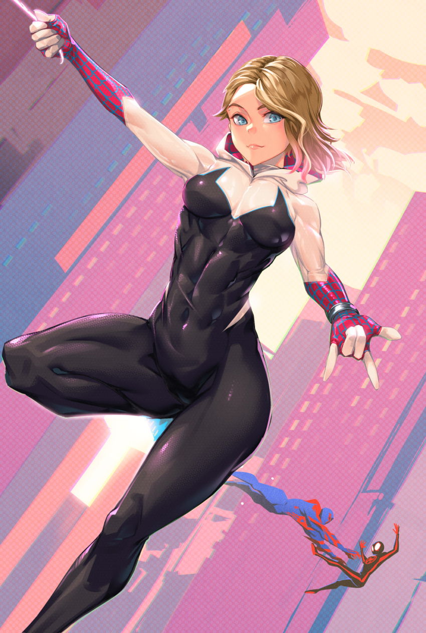 1girl, 2boys, abs, blonde_hair, blue_eyes, covered_navel, gwen_stacy, highres