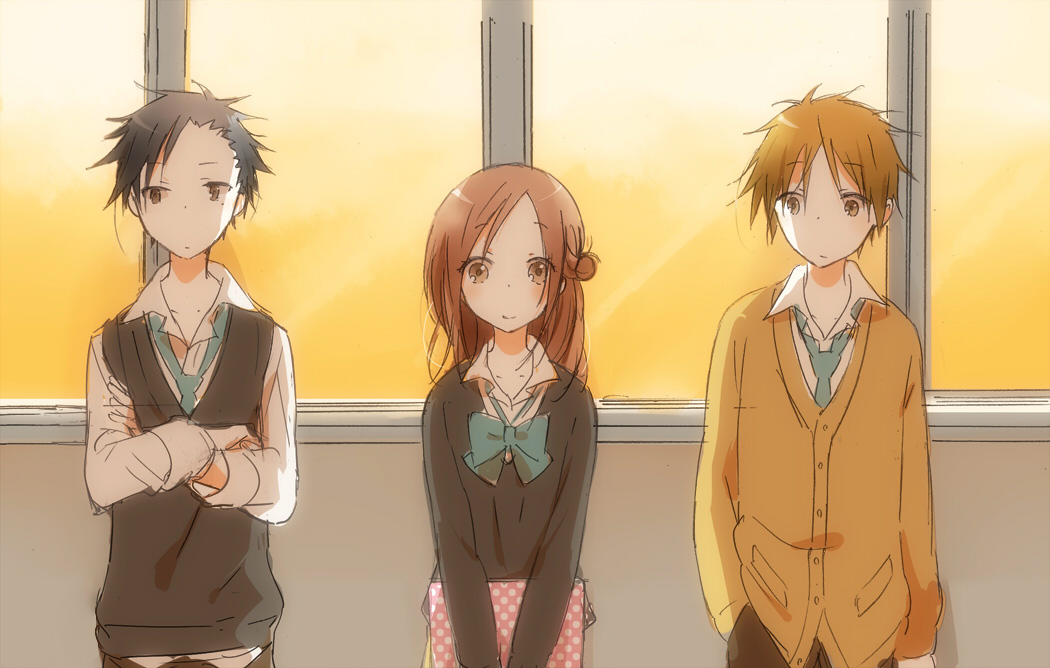 1girl, 2boys, ageha, beige_sweater, black_hair, blue_bow, blue_necktie, bow, brown_eyes, brown_hair, closed_mouth, collared_shirt, crossed_arms, eyebrows_visible_through_hair, fujimiya_kaori, grey_sweater, grey_sweater_vest, hallway, hand_in_pocket, hase_yuuki, holding, isshuukan_friends, kujou_hajime, multiple_boys, necktie, official_style, school_uniform, shirt, smile, standing, sweater, sweater_vest, white_shirt