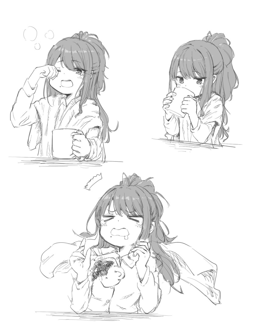 >_<, 1girl, ^^^, bitter, coffee, coffee_mug, cup, drinking