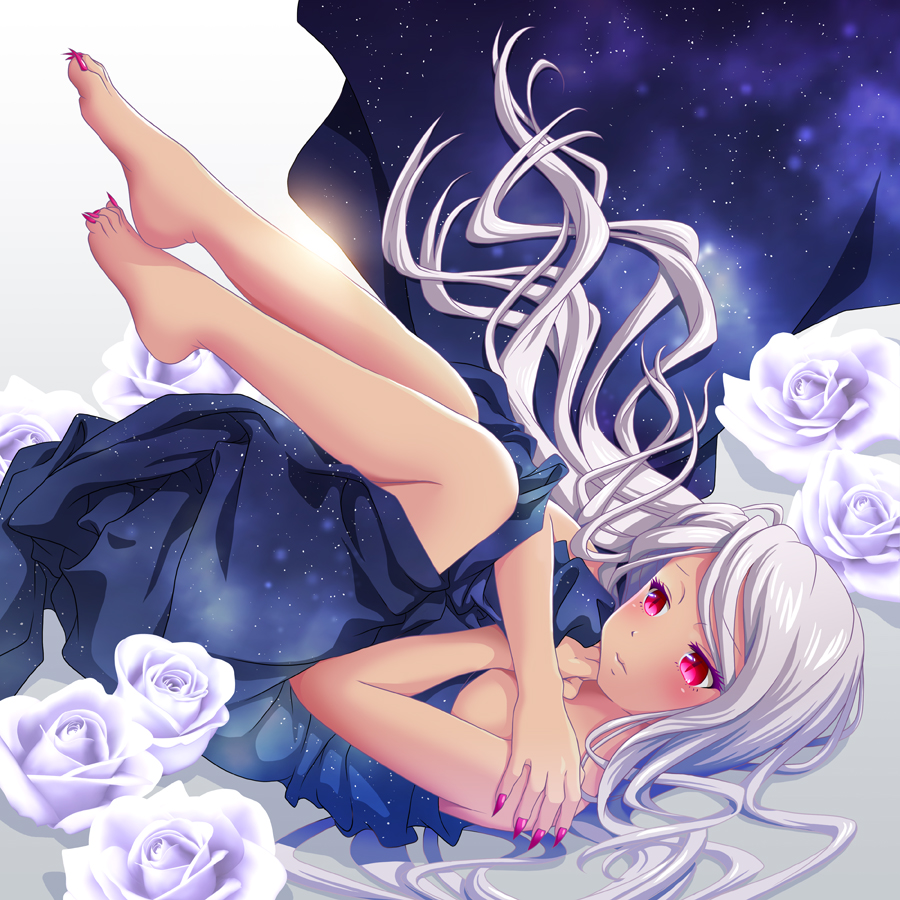 1girl, barefoot, breasts, dark-skinned_female, dark_skin, dress, eyebrows_visible_through_hair, flower, k-ta, legs_up, long_hair, lying, medium_breasts, nail_polish, on_back, overlord_(maruyama), red_eyes, shalltear_bloodfallen, silver_hair, slit_pupils, solo, starry_sky_print, toenail_polish, toenails, very_long_hair, white_flower