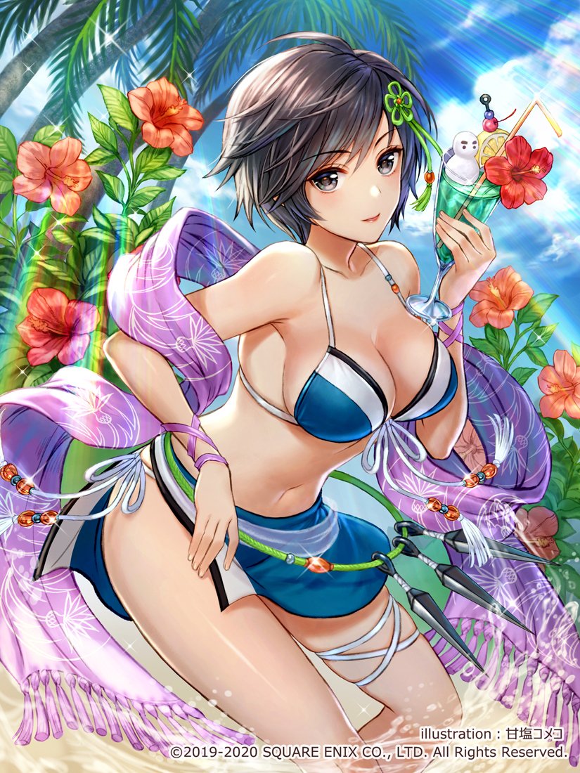 1girl, amazio_komeko, azami_(saga), bikini, black_hair, blue_eyes, blue_swimsuit, breasts, flower, front-tie_bikini, front-tie_top, hibiscus, imperial_saga, large_breasts, multicolored_clothes, multicolored_swimsuit, palm_tree, romancing_saga_2, saga, scarf, swimsuit, tassel, tree, weapon
