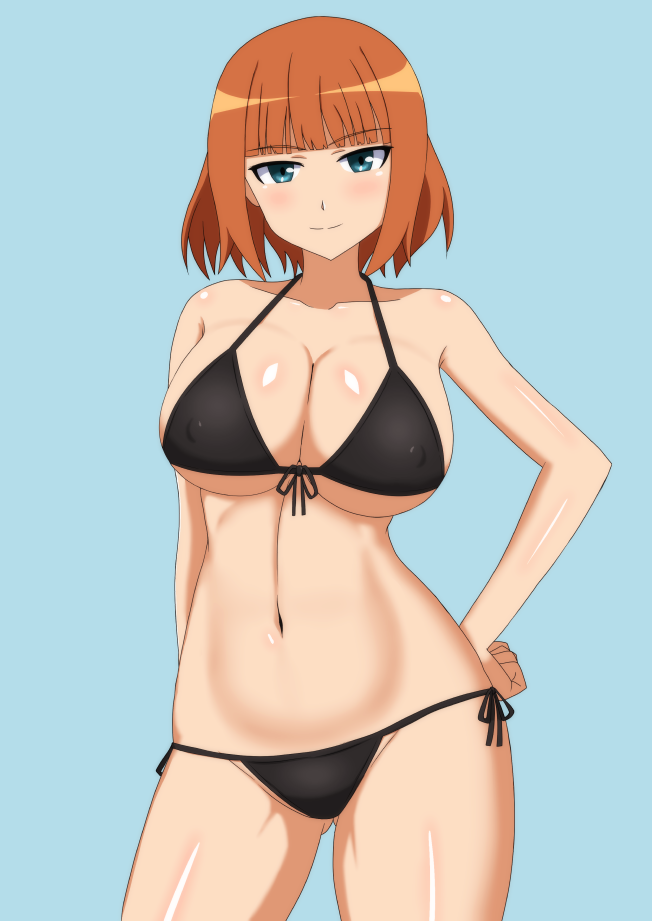 1girl, arm_behind_back, ass_visible_through_thighs, bikini, black_bikini, blue_background, brave_witches, breasts