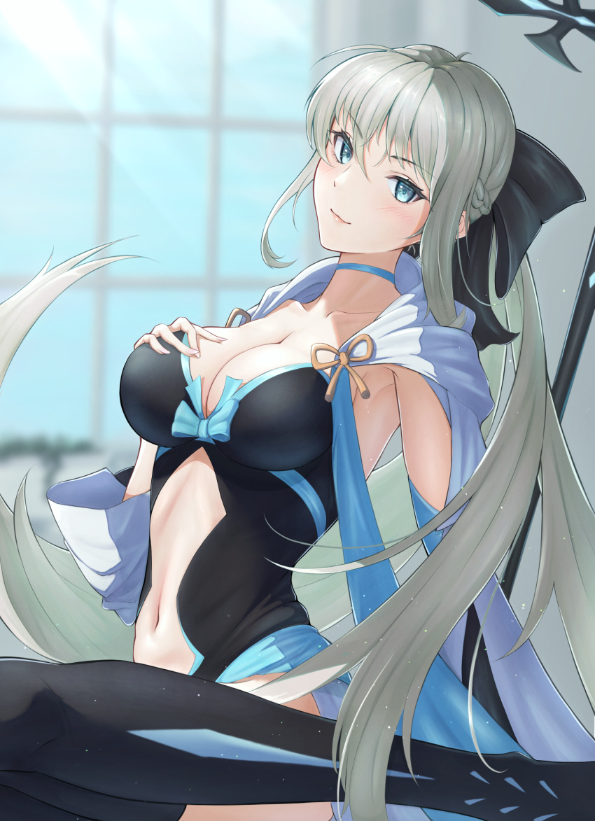 1girl, bangs, black_bow, black_legwear, blue_bow, blue_choker, blue_eyes, bow