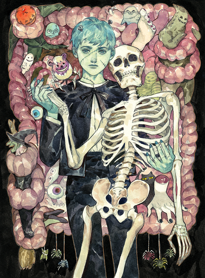1boy, blue_eyes, blue_hair, blue_skin, borrowed_character, breadmonster, bug, cat, colored_skin, creature, expressionless, eyeball, halloween, holding, holding_hands, intestines, jack-o'-lantern, male_focus, original, painting_(medium), pants, patchwork_skin, ribbon, screw, screw_in_head, severed_hand, short_hair, skeleton, spider, traditional_media, watercolor_(medium), witch, zombie