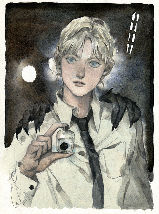 1girl, bangs, blonde_hair, blue_eyes, bottle, breadmonster, collared_shirt, darkness