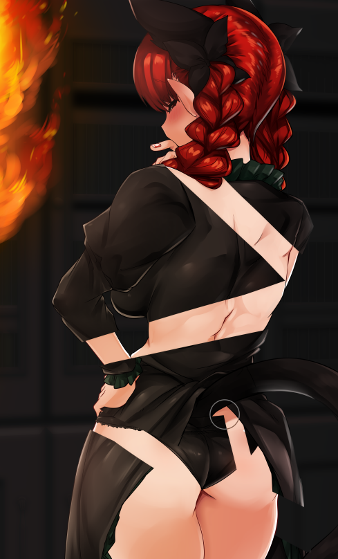 1girl, animal_ears, ass, black_panties, bow, braid, cat_ears, cat_tail