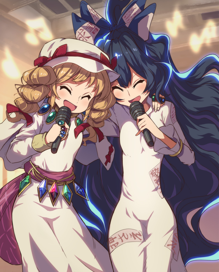 2girls, bangle, blue_bow, blue_hair, bow, bracelet, closed_eyes, dress
