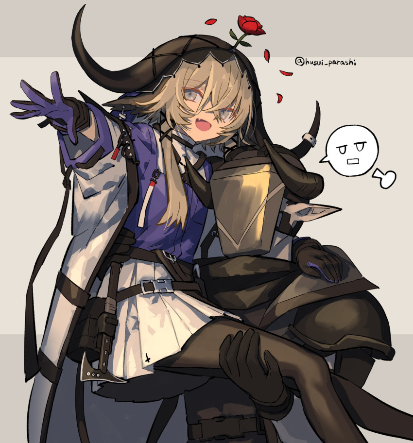 1boy, 1girl, arknights, bangs, brown_hair, carrying, demon_boy, demon_horns