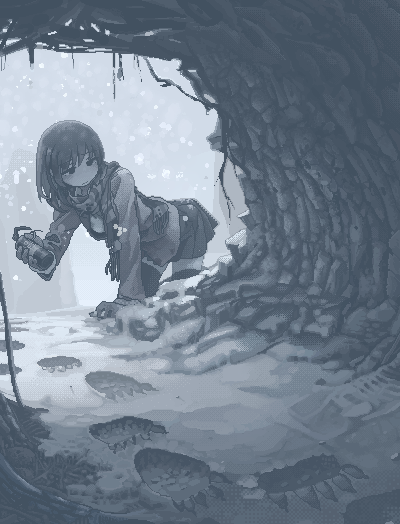 1girl, all_fours, blazer, blue_theme, branch, cave, closed_mouth, collared_shirt