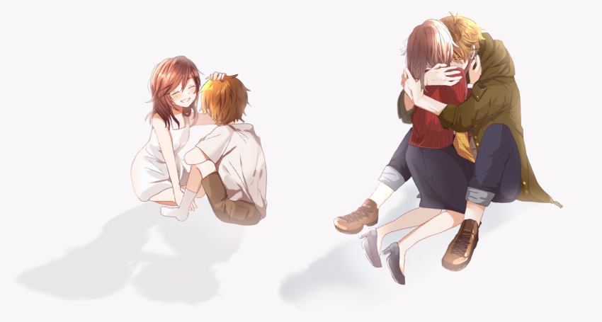 1boy, 1girl, back, bangs, black_skirt, blue_pants, boots, brown_footwear, brown_hair, brown_shorts, dress, full_body, green_jacket, h_haluhalu415, hand_on_another's_head, high_heels, hug, jacket, long_hair, long_sleeves, luke_pearce_(tears_of_themis), on_floor, pants, red_jacket, rosa_(tears_of_themis), shadow, shirt, short_hair, short_sleeves, shorts, simple_background, sitting, skirt, sleeveless, sleeveless_dress, tears_of_themis, time_paradox, white_background, white_dress, white_shirt, yellow_shirt, younger