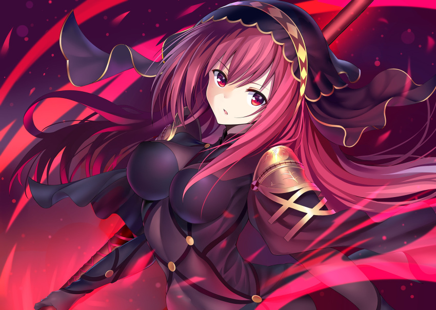 1girl, arm_up, bangs, blush, bodysuit, breasts, commentary_request, eyebrows_visible_through_hair