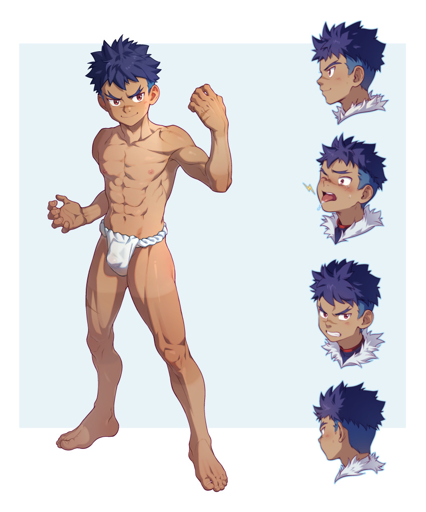 1boy, absurdres, arm_up, bare_legs, bare_pectorals, bare_shoulders, barefoot, blue_hair
