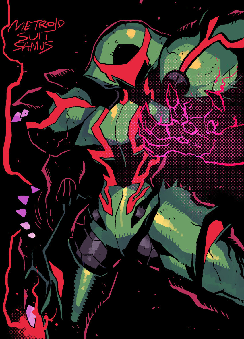 1girl, absurdres, arm_cannon, black_background, character_name, claws, cropped_legs, glowing