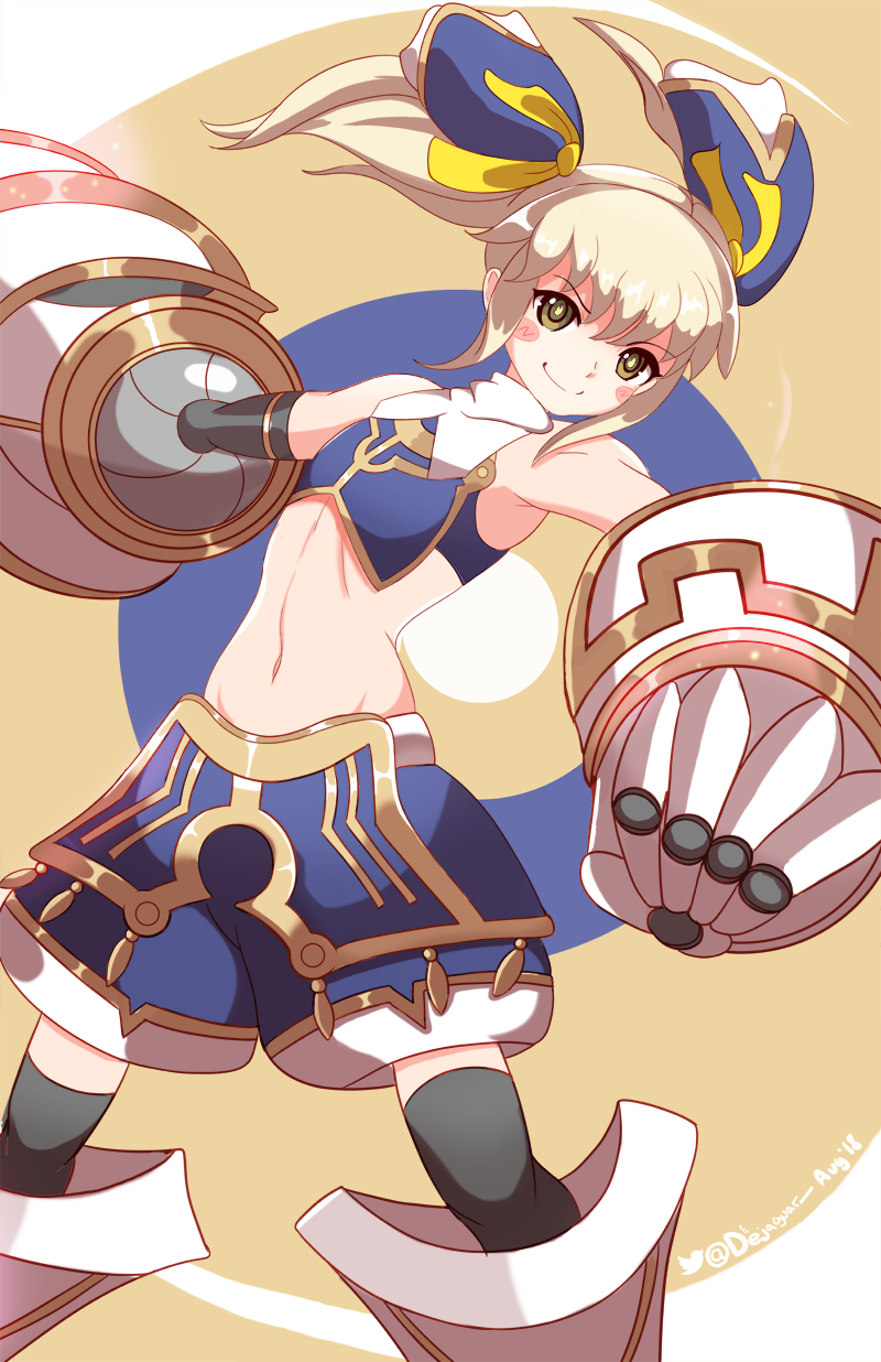 >:), 1girl, arm_up, armor, armored_boots, blonde_hair, blue_armor, blush
