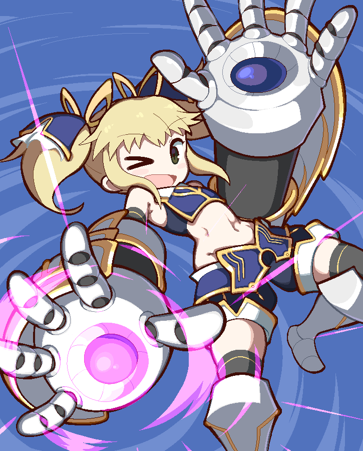 >_o, 1girl, action, arm_up, armor, armored_boots, average-hanzo, blonde_hair, blue_armor, boots, breastplate, charging_device, eyebrows_visible_through_hair, floating_hair, full_body, giant_fist, gloves, green_eyes, hair_ornament, hair_ribbon, knee_boots, leg_up, midriff, mika_(under_night_in-birth), one_eye_closed, open_mouth, pixel_art, ribbon, shorts, smile, solo, thigh-highs, thighhighs_under_boots, twintails, under_night_in-birth, weapon