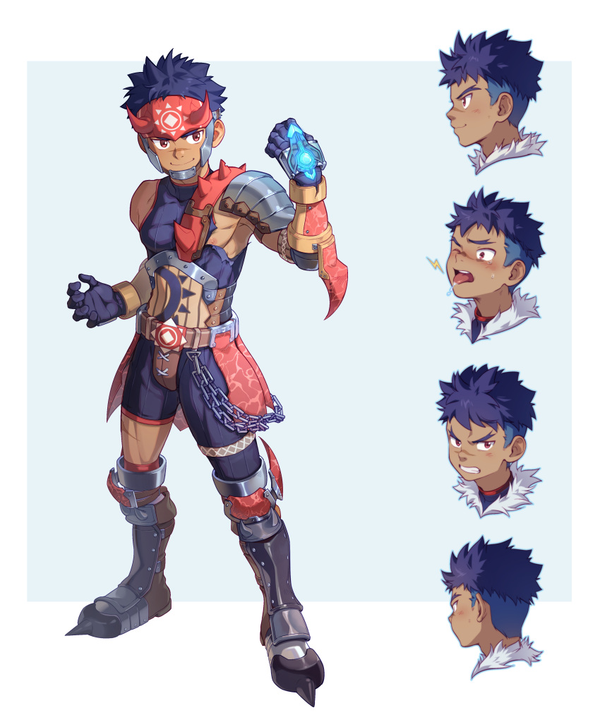1boy, absurdres, arm_up, armor, blue_hair, dark-skinned_male, dark_skin, fantasy