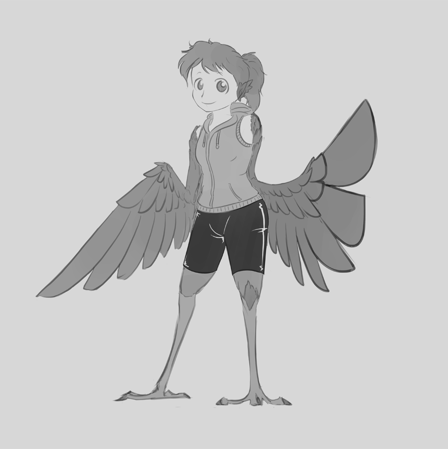 1girl, alternate_hairstyle, animal_ears, bike_shorts, bird_ears, bird_legs, crowanon, crowgirl
