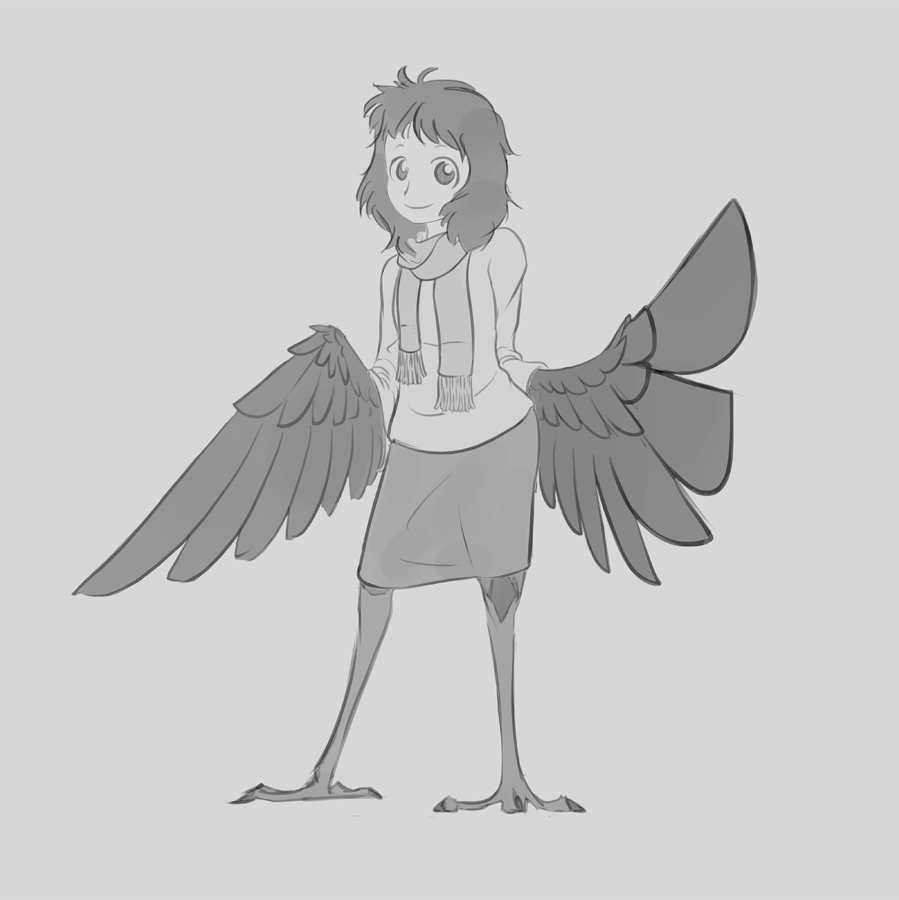 1girl, bird_legs, crowanon, crowgirl, feathered_wings, feathers, greyscale, harpy