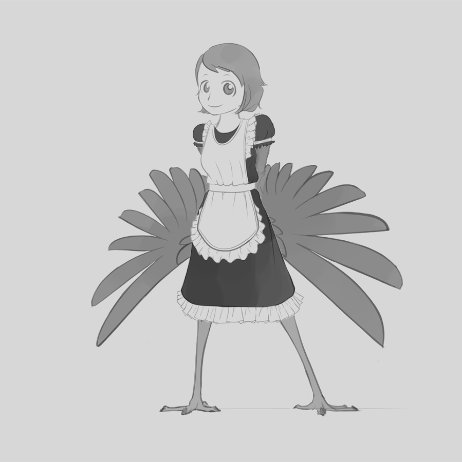 1girl, alternate_hairstyle, apron, bird_legs, crowanon, crowgirl, dress, feathered_wings