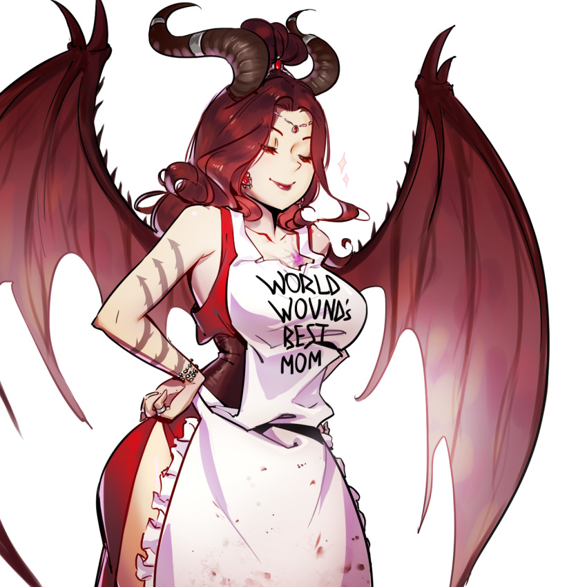 1girl, apron, areelu_vorlesh, arm_tattoo, artist_request, bracelet, circlet, closed_eyes, curvy, demon_girl, demon_horns, demon_wings, dress, earrings, hands_on_hips, highres, horn_ornament, horn_ring, horns, jewelry, long_hair, pathfinder, print_apron, red_dress, redhead, ring, scar, scar_on_chest, sleeveless, sleeveless_dress, smile, solo, source_request, sparkle, tattoo, wings