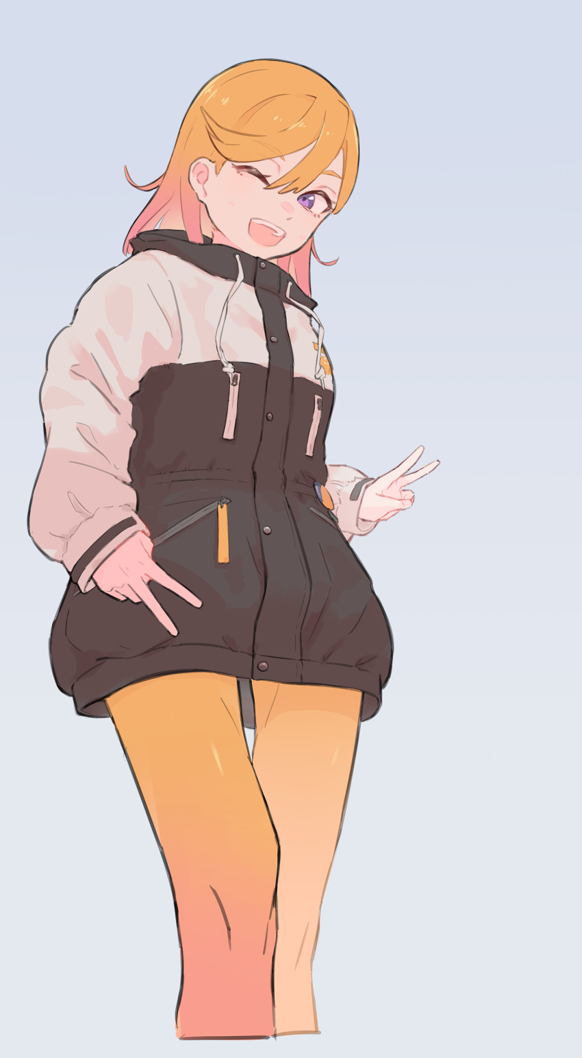 1girl, absurdres, black_jacket, blue_background, commentary, cowboy_shot, english_commentary, gradient_hair