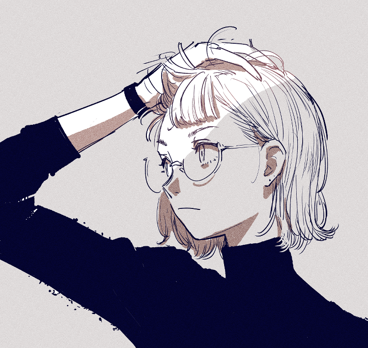1girl, bracelet, closed_mouth, commentary, glasses, greyscale, hand_on_head, jewelry