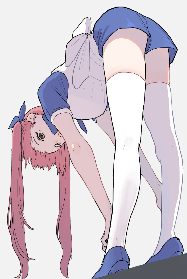 1girl, apron, blue_footwear, blue_ribbon, blue_shirt, blue_shorts, brown_eyes, closed_mouth