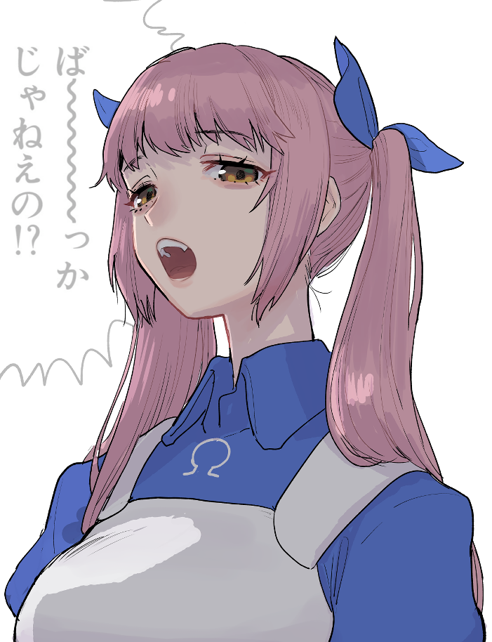 1girl, apron, blue_ribbon, blue_shirt, collared_shirt, commentary_request, eyebrows_visible_through_hair, fang