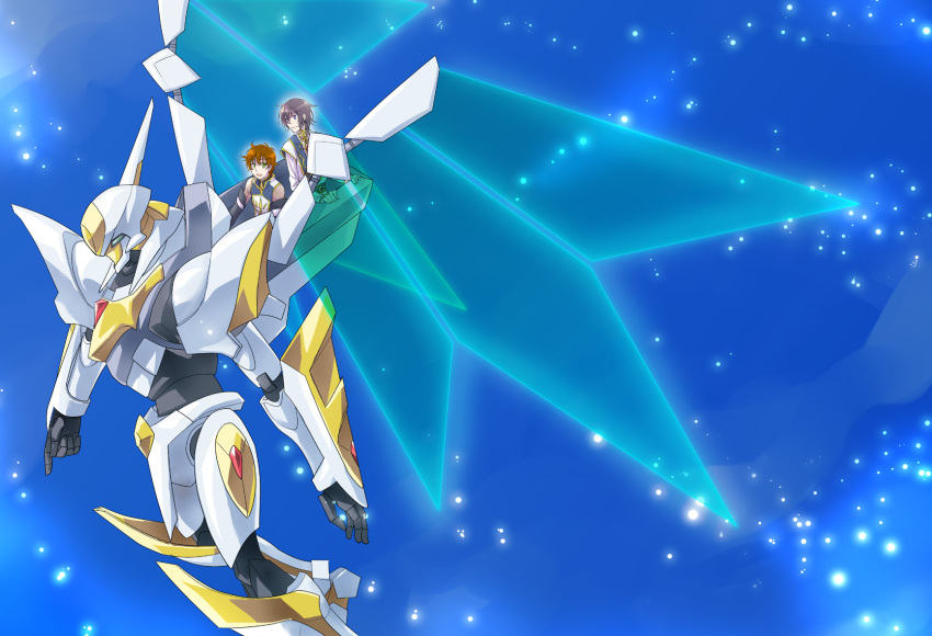 2boys, armor, code_geass, code_geass_hangyaku_no_lelouch_r2, commentary, commentary_request, dual_wielding, energy_wings