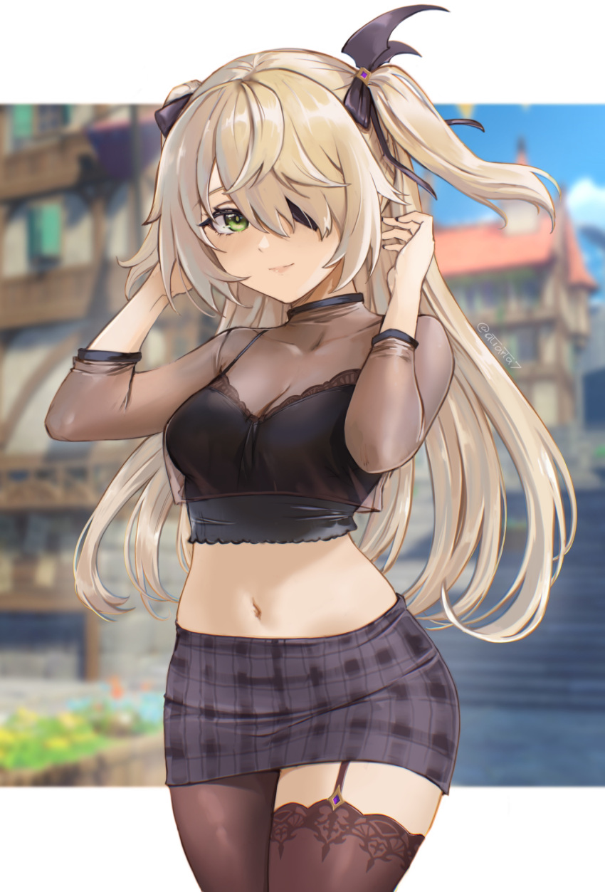 1girl, alternate_costume, asymmetrical_legwear, ati_(user_udhn5578), black_legwear, blonde_hair, blurry, blurry_background
