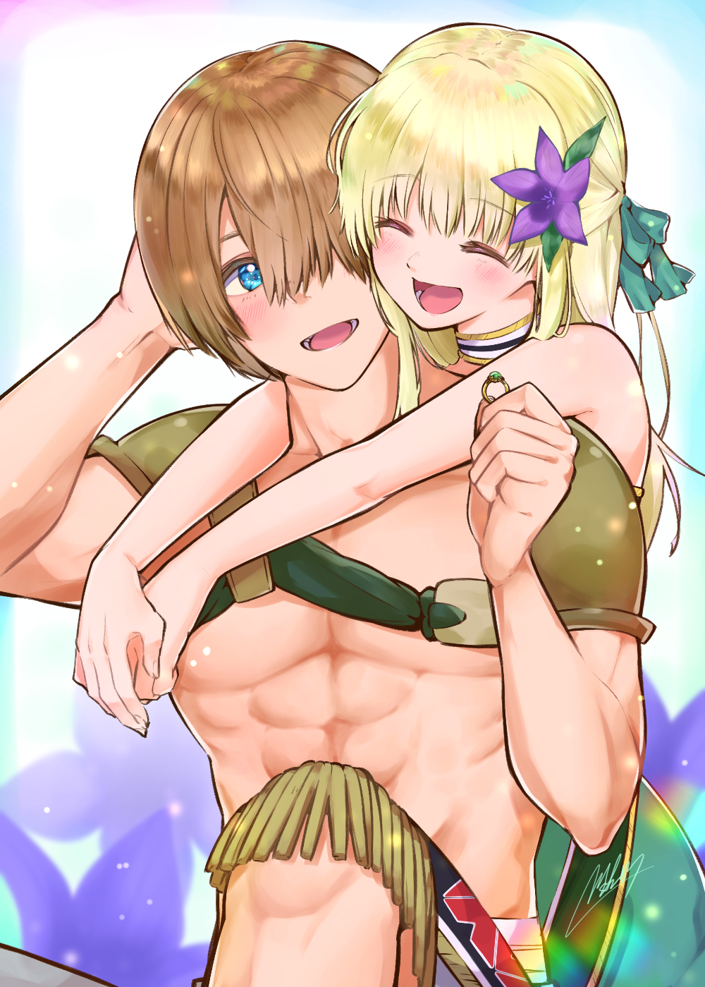 1boy, 1girl, abs, bangs, blonde_hair, blue_eyes, blush, brown_hair